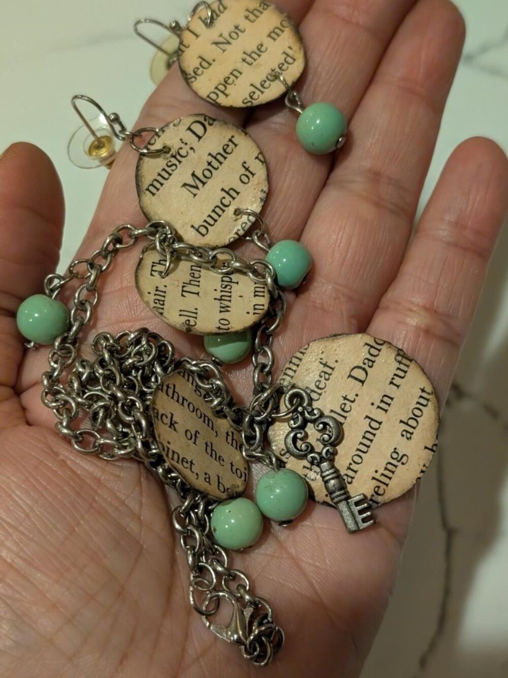 Silver Tone Vintage Paper Book Jewelry Set: Earrings and Necklace with beads